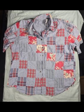 Women's Patchwork Short-Sleeve Button-Up Shirt - Red & Blue